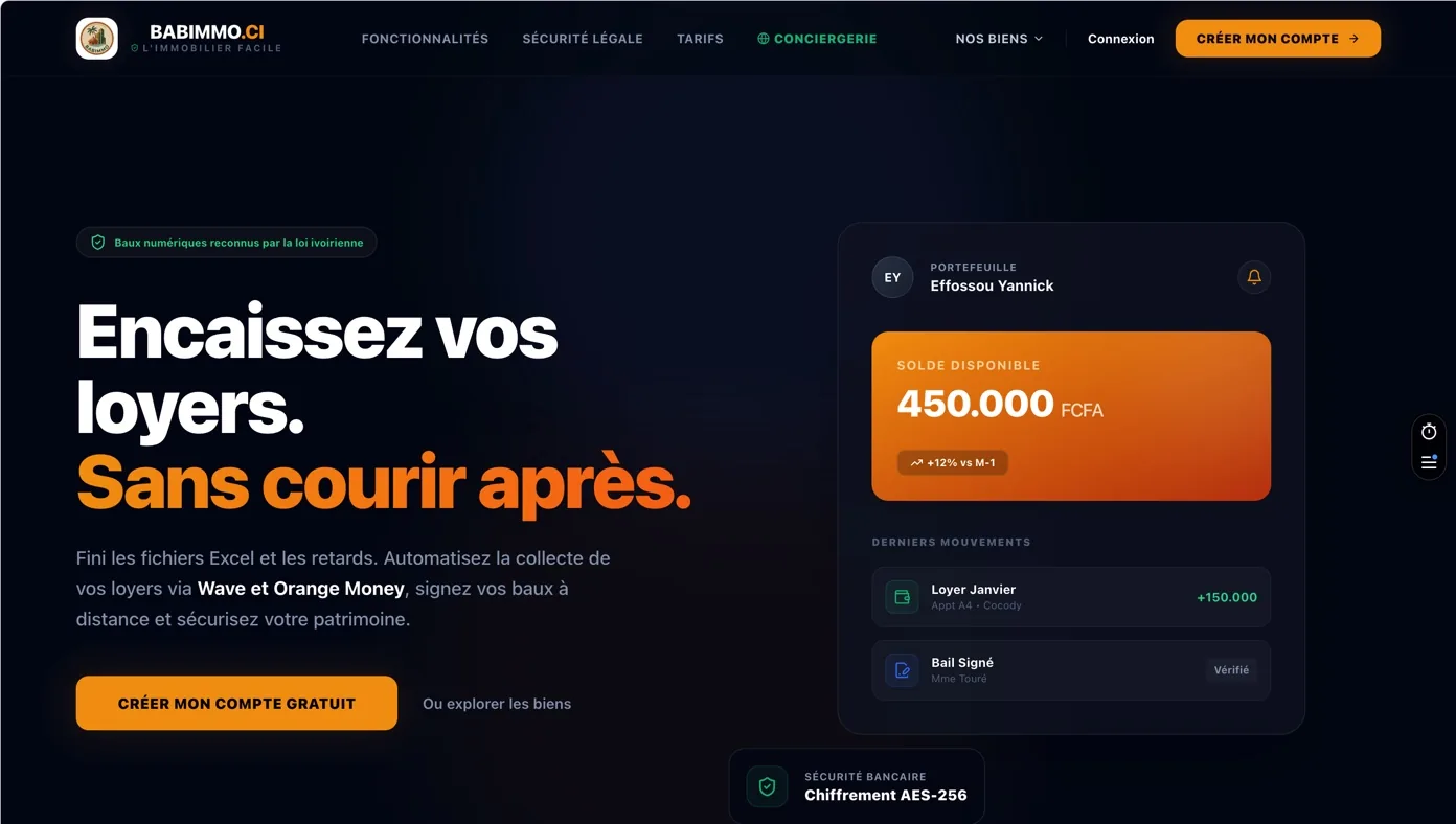 Page d'accueil de Babimmo, gestion locative en Côte d'Ivoire